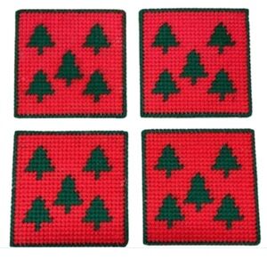 Vtg Needlepoint Coasters Set of 4 Christmas Tree 4” Squares Cork Bottoms Clean